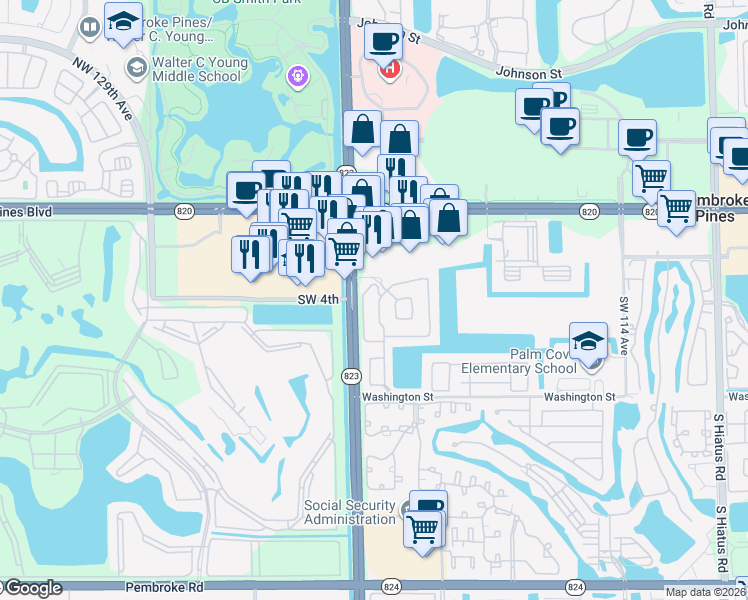 map of restaurants, bars, coffee shops, grocery stores, and more near 387 South West 122nd Terrace in Pembroke Pines