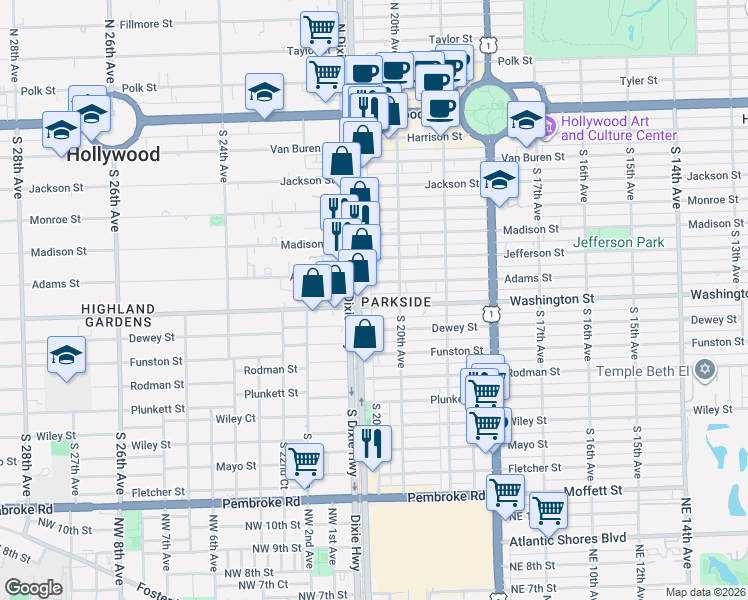 map of restaurants, bars, coffee shops, grocery stores, and more near 2037 Washington Street in Hollywood