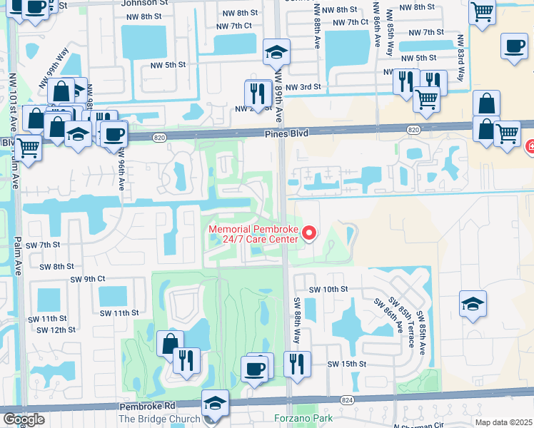 map of restaurants, bars, coffee shops, grocery stores, and more near 611 South Hollybrook Drive in Pembroke Pines