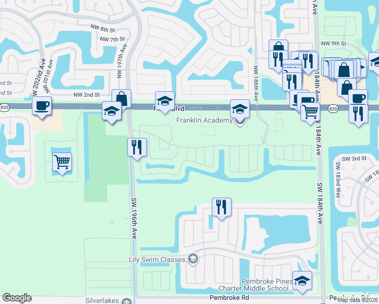 map of restaurants, bars, coffee shops, grocery stores, and more near 325 Southwest 191st Avenue in Pembroke Pines