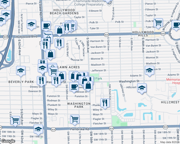 map of restaurants, bars, coffee shops, grocery stores, and more near 5524 Jefferson Street in Hollywood