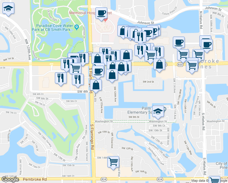 map of restaurants, bars, coffee shops, grocery stores, and more near 306 Southwest 120th Avenue in Pembroke Pines