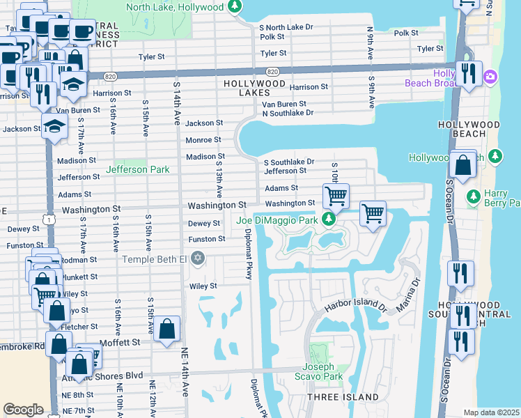 map of restaurants, bars, coffee shops, grocery stores, and more near 1200 Washington Street in Hollywood