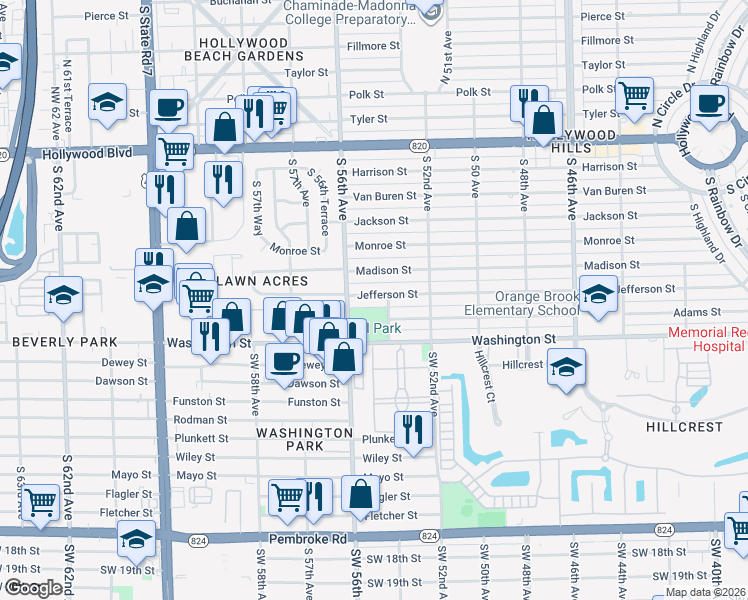map of restaurants, bars, coffee shops, grocery stores, and more near 5400 South 54th Avenue in Hollywood