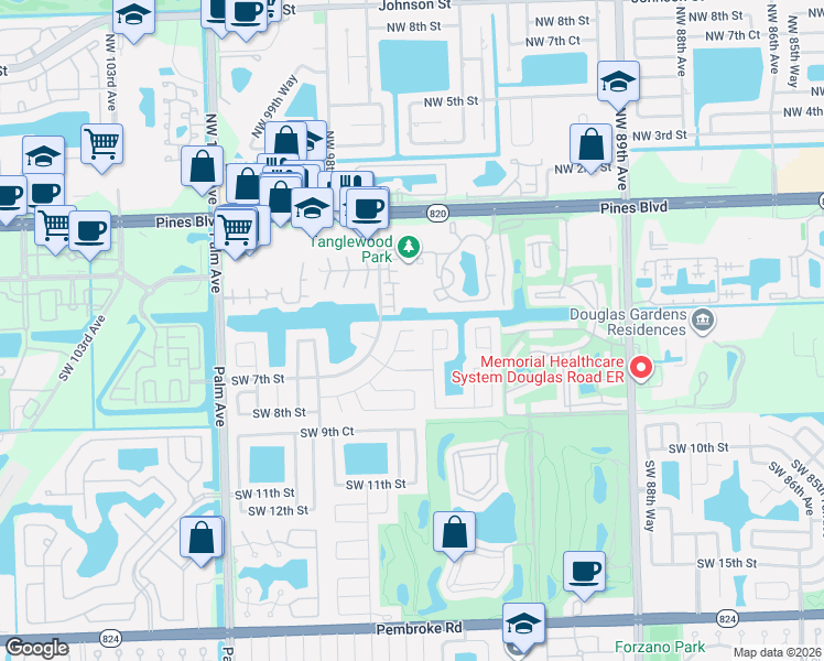 map of restaurants, bars, coffee shops, grocery stores, and more near 9530 Southwest 6th Street in Pembroke Pines
