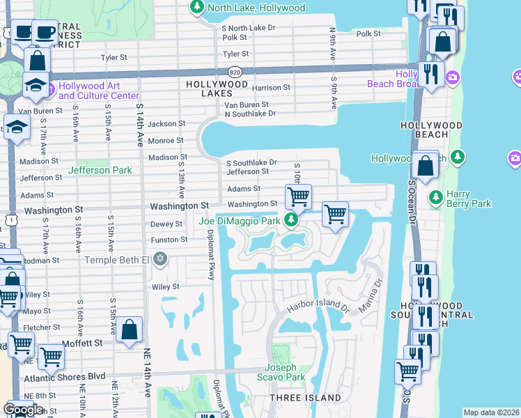 map of restaurants, bars, coffee shops, grocery stores, and more near 1041 Harbor Court in Hollywood