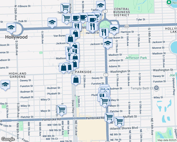 map of restaurants, bars, coffee shops, grocery stores, and more near in Hollywood