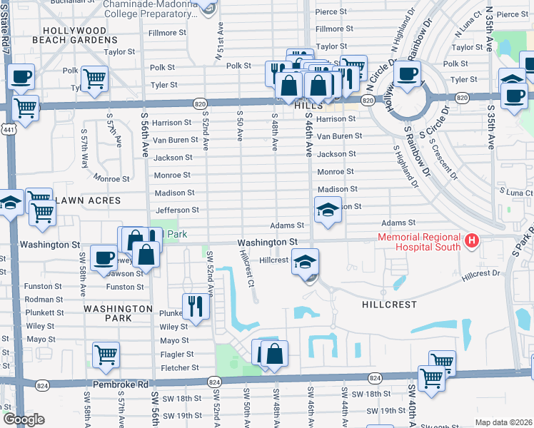 map of restaurants, bars, coffee shops, grocery stores, and more near 4801 Adams Street in Hollywood