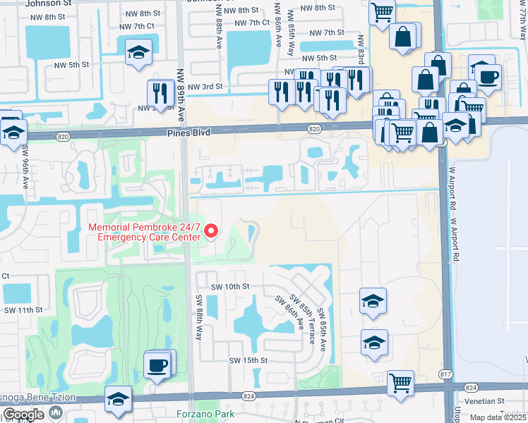 map of restaurants, bars, coffee shops, grocery stores, and more near 605 Southwest 88th Avenue in Pembroke Pines