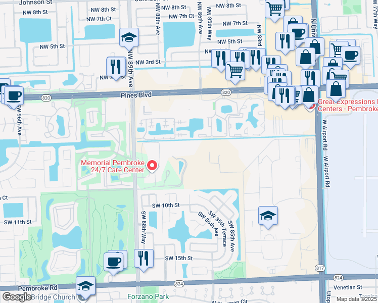 map of restaurants, bars, coffee shops, grocery stores, and more near 709 Southwest 88th Avenue in Pembroke Pines