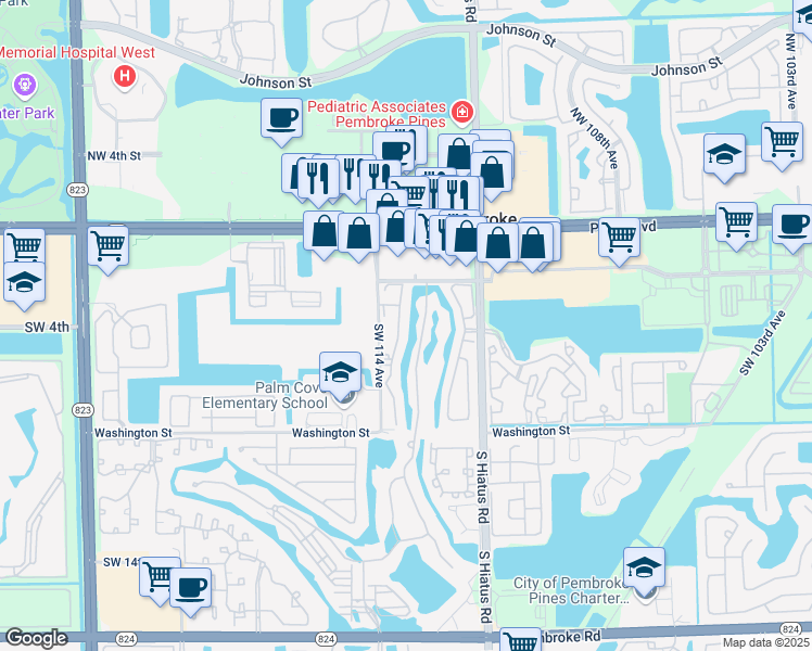 map of restaurants, bars, coffee shops, grocery stores, and more near 385 Southwest 113th Way in Pembroke Pines