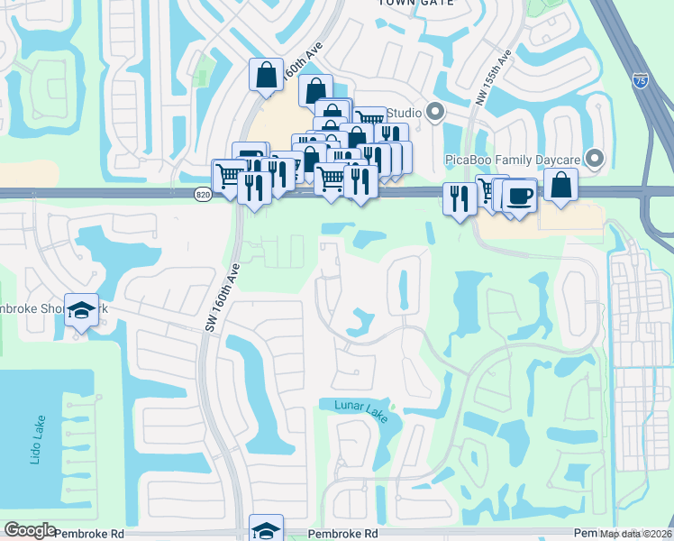 map of restaurants, bars, coffee shops, grocery stores, and more near 651 Southwest 158th Terrace in Pembroke Pines