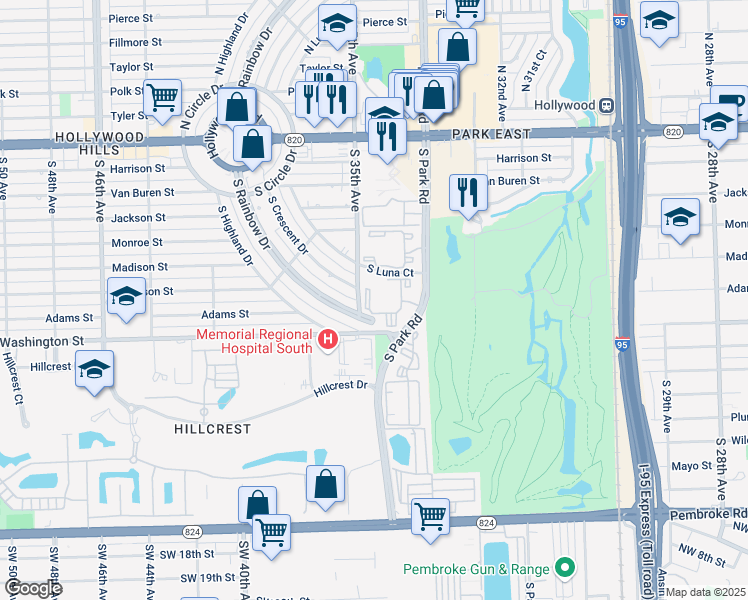 map of restaurants, bars, coffee shops, grocery stores, and more near 780 South Park Road in Hollywood