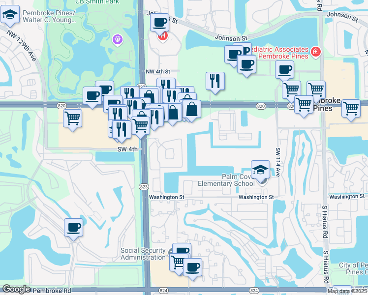map of restaurants, bars, coffee shops, grocery stores, and more near 301 Southwest 120th Avenue in Pembroke Pines