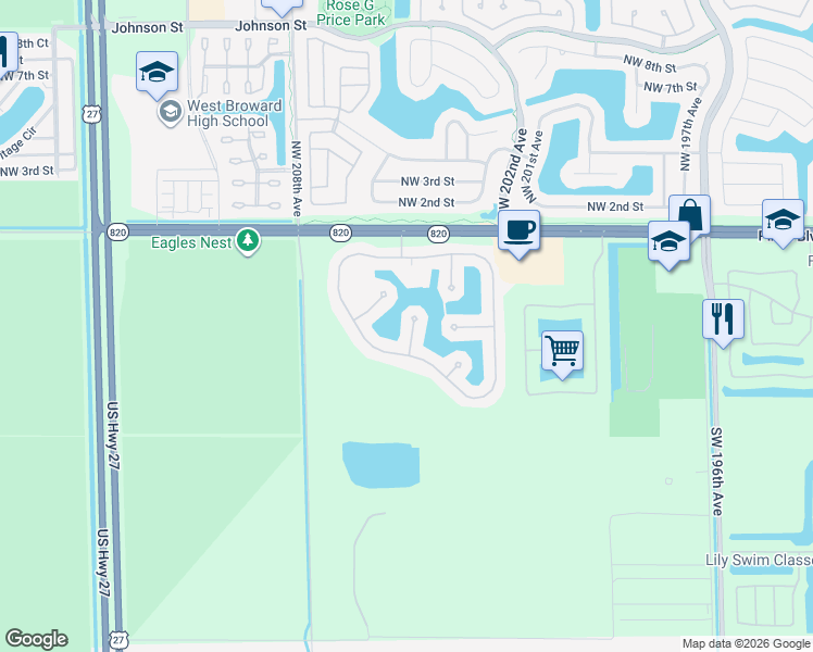 map of restaurants, bars, coffee shops, grocery stores, and more near 444 Southwest 205th Avenue in Pembroke Pines