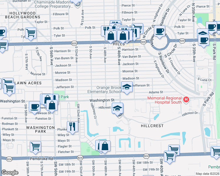 map of restaurants, bars, coffee shops, grocery stores, and more near 4801 Adams Street in Hollywood