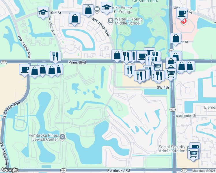 map of restaurants, bars, coffee shops, grocery stores, and more near 300 Southwest 130th Terrace in Pembroke Pines