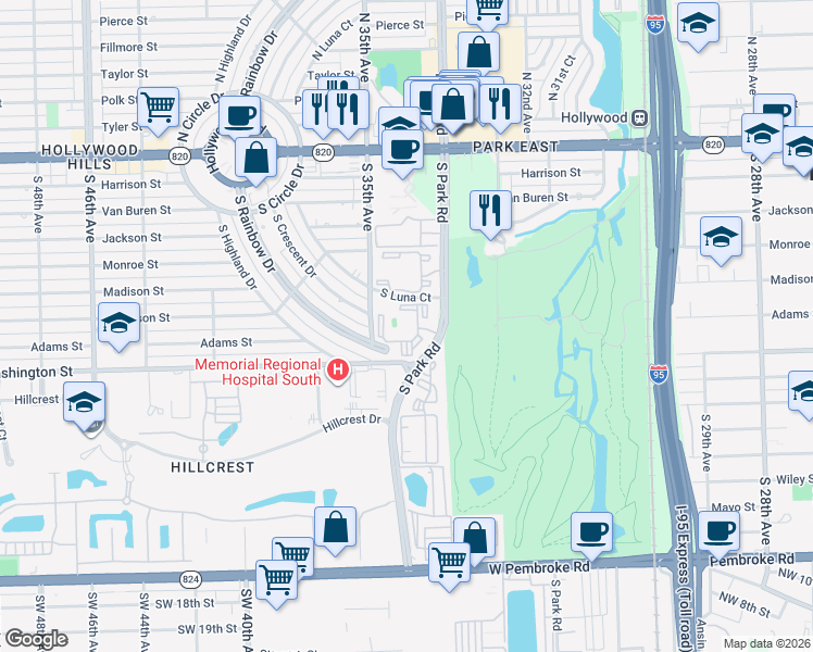 map of restaurants, bars, coffee shops, grocery stores, and more near 800 South Park Road in Hollywood