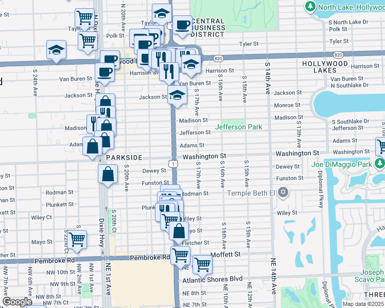 map of restaurants, bars, coffee shops, grocery stores, and more near 1736 Washington Street in Hollywood