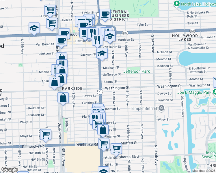 map of restaurants, bars, coffee shops, grocery stores, and more near 1736 Washington Street in Hollywood