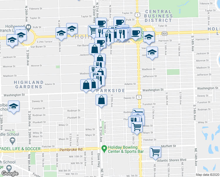 map of restaurants, bars, coffee shops, grocery stores, and more near 1948 Washington Street in Hollywood