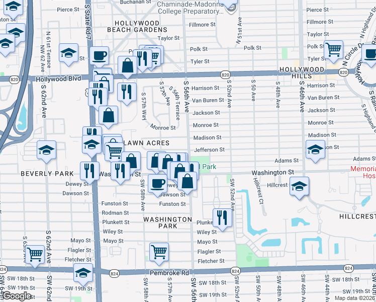map of restaurants, bars, coffee shops, grocery stores, and more near 5524 Jefferson Street in Hollywood