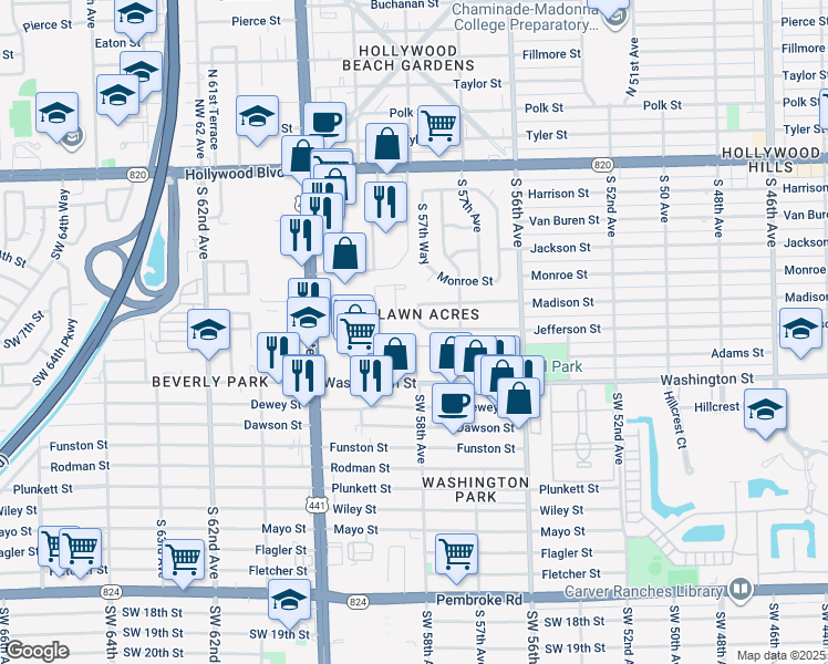 map of restaurants, bars, coffee shops, grocery stores, and more near 179 Hidden Court Drive in Hollywood
