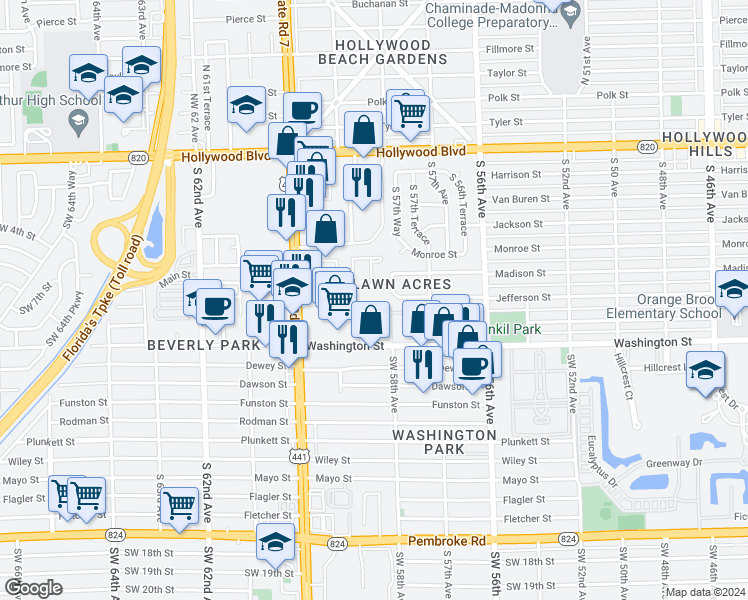 map of restaurants, bars, coffee shops, grocery stores, and more near 179 Hidden Court Drive in Hollywood