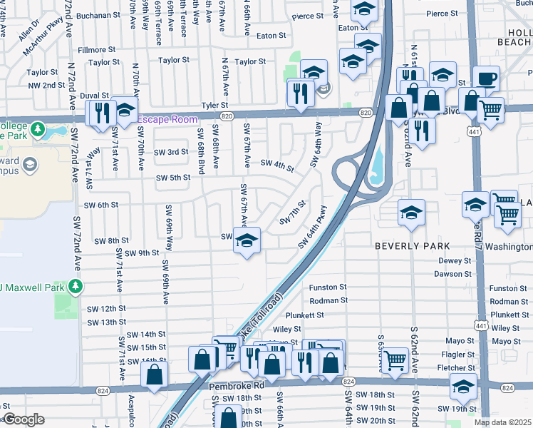 map of restaurants, bars, coffee shops, grocery stores, and more near 740 Southwest 64th Way in Pembroke Pines
