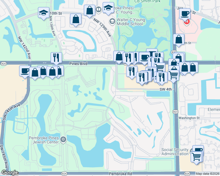 map of restaurants, bars, coffee shops, grocery stores, and more near 300 Southwest 130th Terrace in Pembroke Pines