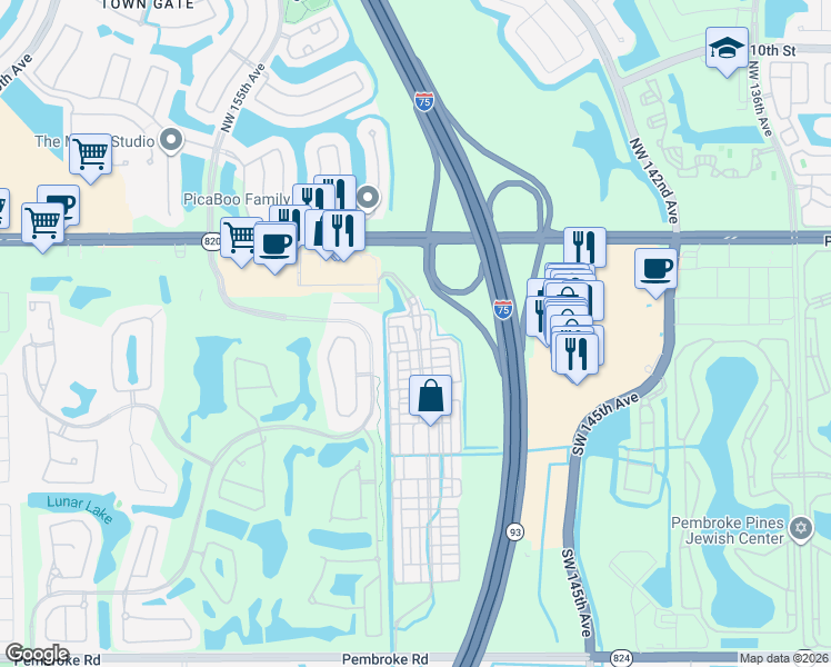 map of restaurants, bars, coffee shops, grocery stores, and more near 482 Southwest 148th Avenue in Pembroke Pines