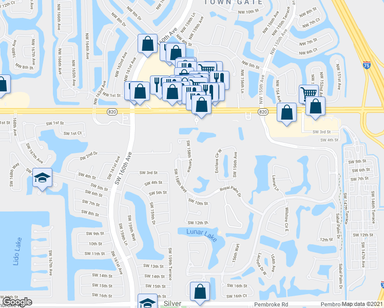 map of restaurants, bars, coffee shops, grocery stores, and more near 651 Southwest 158th Terrace in Pembroke Pines