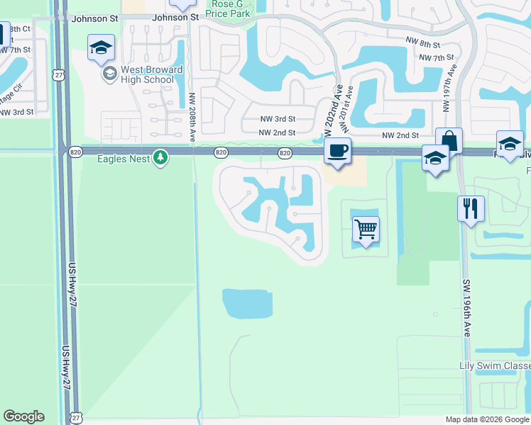 map of restaurants, bars, coffee shops, grocery stores, and more near 444 Southwest 205th Avenue in Pembroke Pines