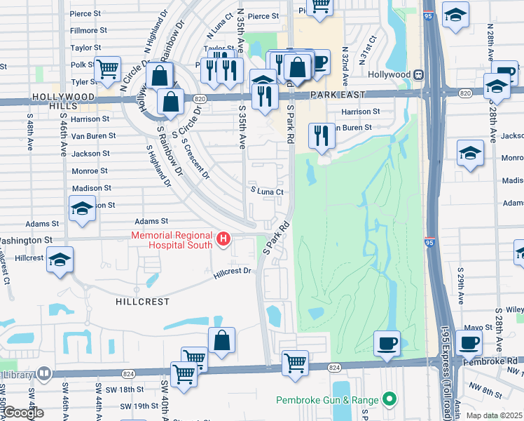 map of restaurants, bars, coffee shops, grocery stores, and more near 812 South Park Road in Hollywood