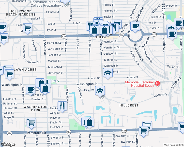 map of restaurants, bars, coffee shops, grocery stores, and more near 4734 Jefferson Street in Hollywood