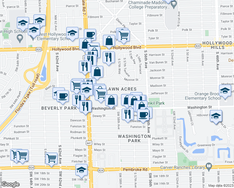 map of restaurants, bars, coffee shops, grocery stores, and more near 101 Hidden Court Drive in Hollywood