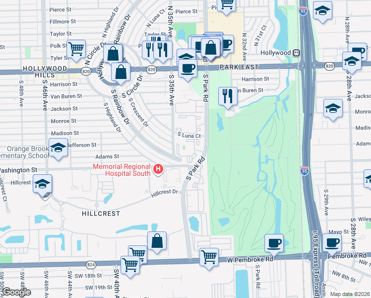 map of restaurants, bars, coffee shops, grocery stores, and more near 780 South Park Road in Hollywood