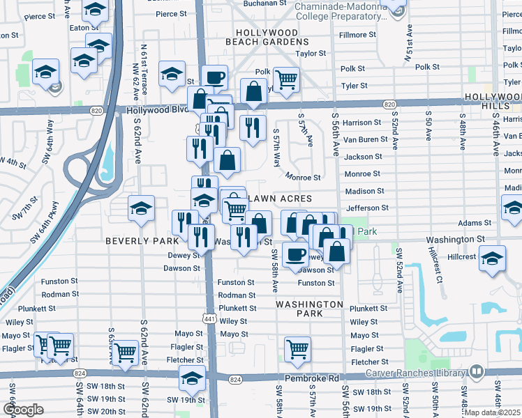 map of restaurants, bars, coffee shops, grocery stores, and more near 179 Hidden Court Drive in Hollywood