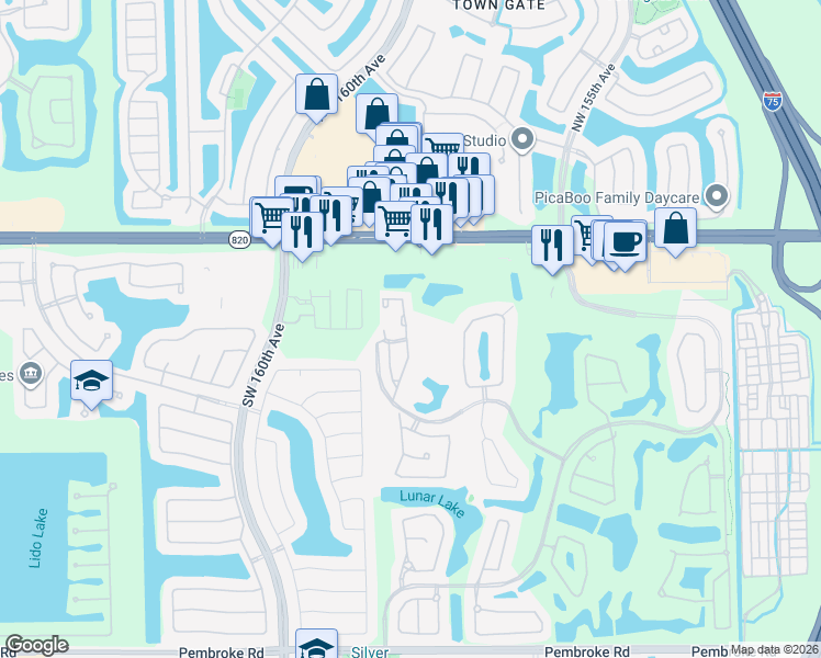 map of restaurants, bars, coffee shops, grocery stores, and more near 651 Southwest 158th Terrace in Pembroke Pines
