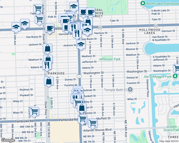 map of restaurants, bars, coffee shops, grocery stores, and more near 1644 Washington Street in Hollywood