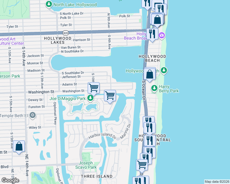 map of restaurants, bars, coffee shops, grocery stores, and more near 875 Captiva Drive in Hollywood