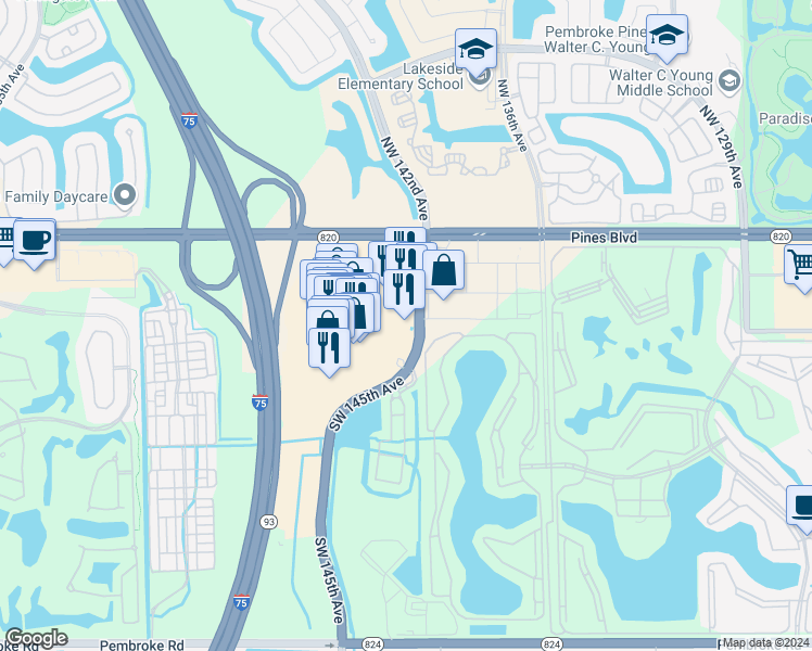 map of restaurants, bars, coffee shops, grocery stores, and more near 440 Southwest 145th Avenue in Pembroke Pines