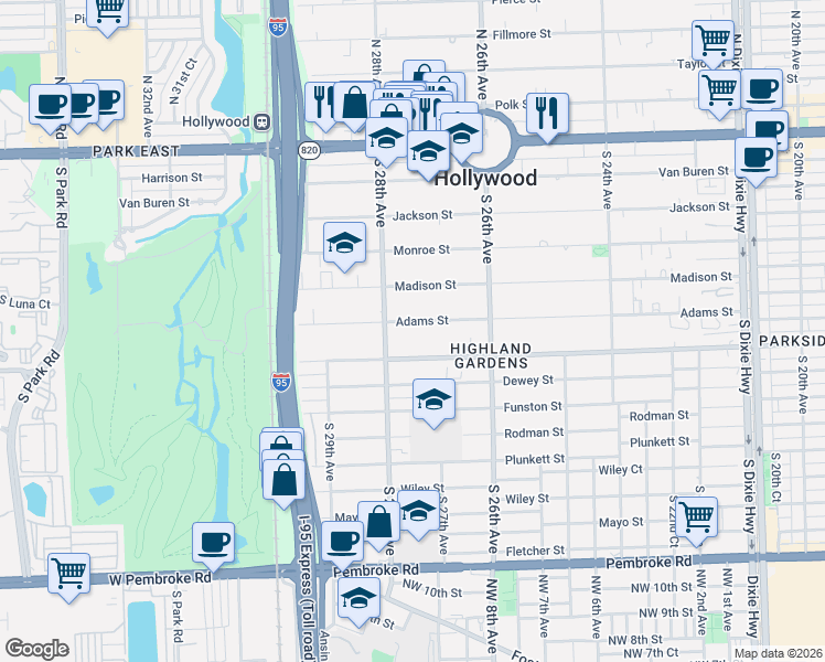map of restaurants, bars, coffee shops, grocery stores, and more near 2715 Washington Street in Hollywood