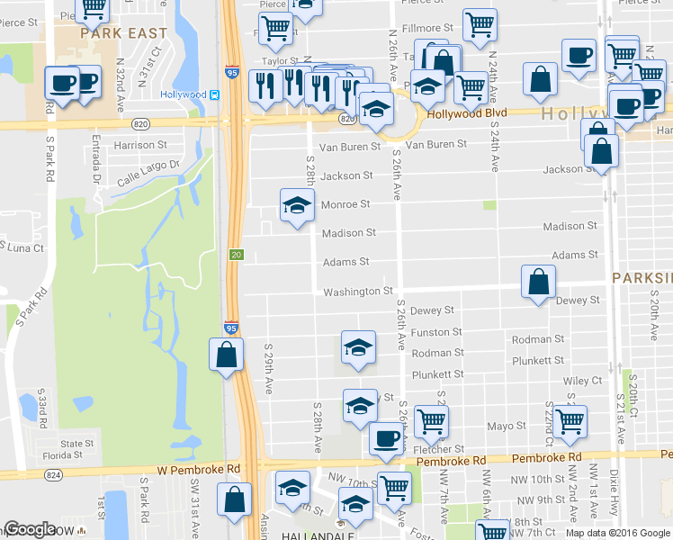 map of restaurants, bars, coffee shops, grocery stores, and more near 2715 Washington Street in Hollywood