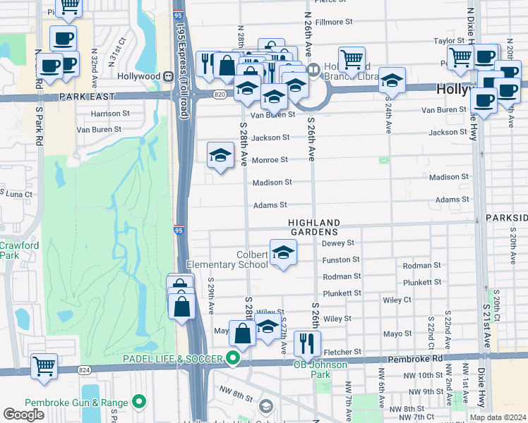 map of restaurants, bars, coffee shops, grocery stores, and more near 2715 Washington Street in Hollywood