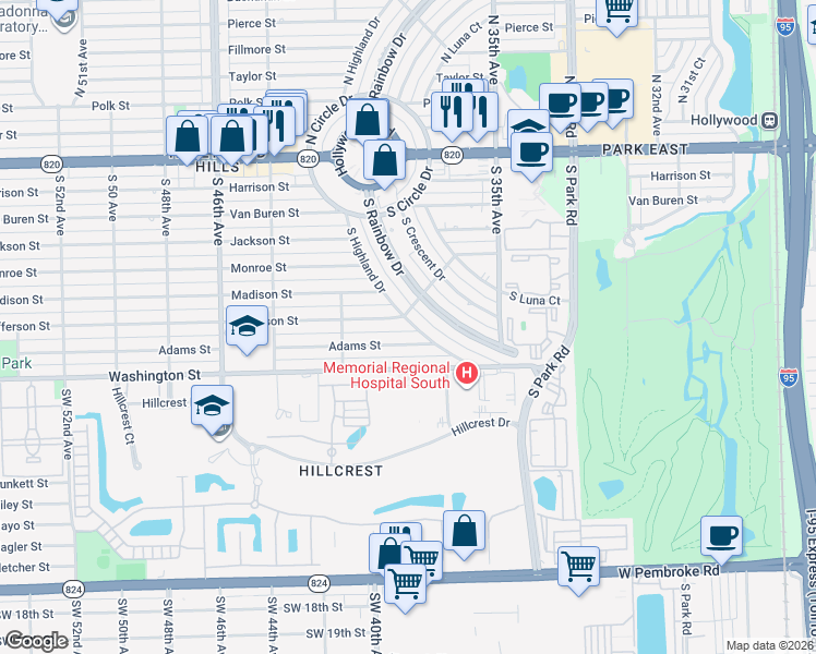 map of restaurants, bars, coffee shops, grocery stores, and more near 3833 Adams Street in Hollywood