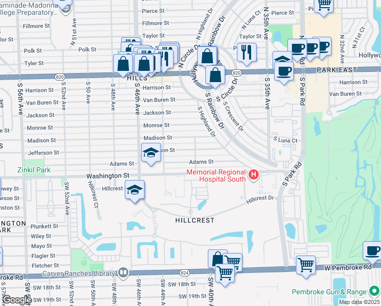 map of restaurants, bars, coffee shops, grocery stores, and more near 4209 Adams Street in Hollywood