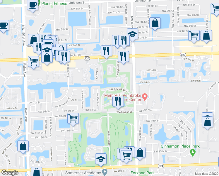 map of restaurants, bars, coffee shops, grocery stores, and more near 8970 South Hollybrook Boulevard in Pembroke Pines