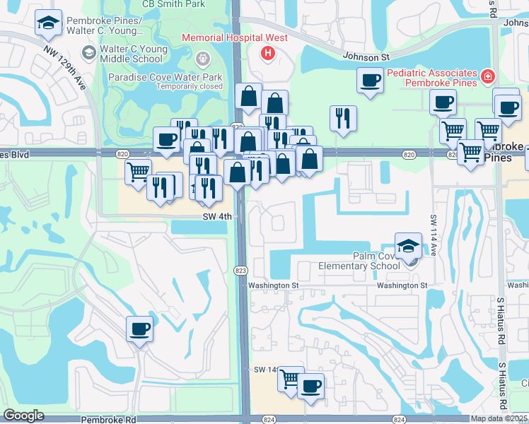 map of restaurants, bars, coffee shops, grocery stores, and more near 336 Southwest 121st Terrace in Pembroke Pines