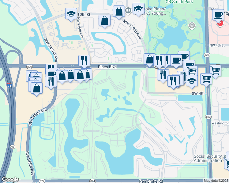 map of restaurants, bars, coffee shops, grocery stores, and more near 400 Southwest 134th Way in Pembroke Pines